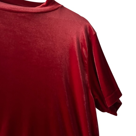 Woman Chrysantheme Velvet Top Womens 1X Short Sleeve Mock Neck Red Blouse - Picture 2 of 6